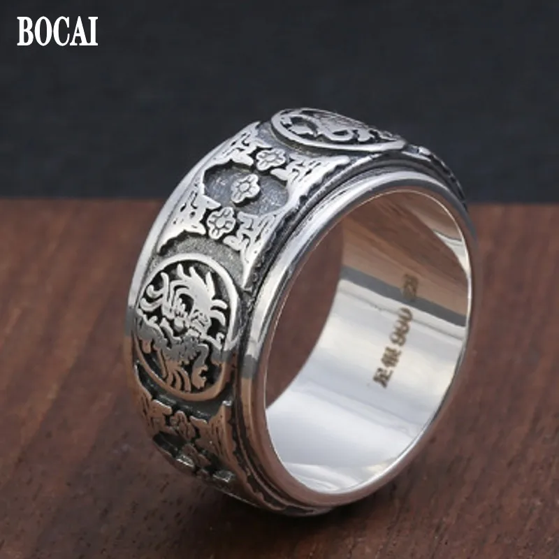 BOCAI Real100% S925 Pure Silver Jewelry Four Beasts Good Luck Green Dragon White Tiger Suzaku God Turtle Turn Trendy Man Ring