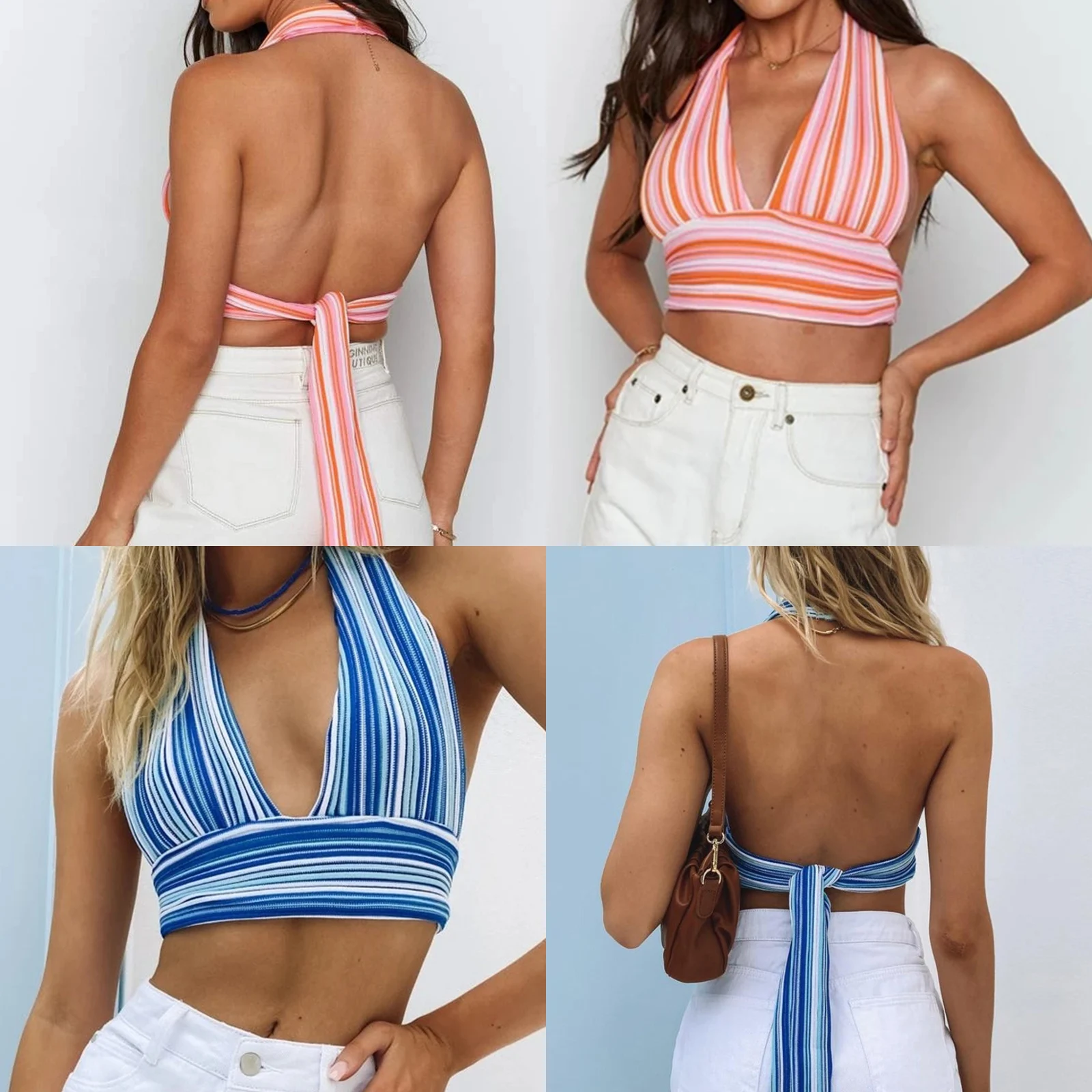 Women Sexy Halter Crop Top, Adults Sleeveless Tie Up Striped V-Neck Tops for Shipping(Pink, Blue)