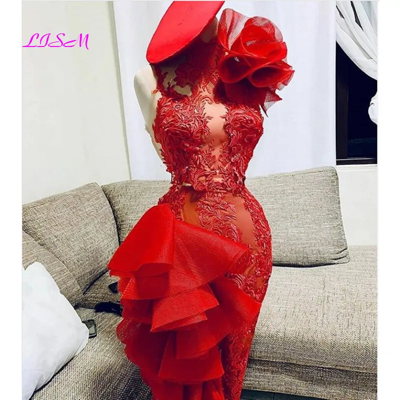 Laço vermelho sexy na altura do joelho vestido de baile um ombro 3d flor curto vestidos tule babados cocktail