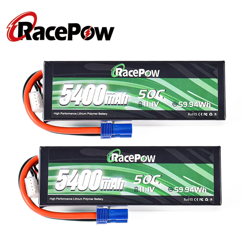 RacePow RC Lipo Battery 5400mAh 11.1V 50C 3S with HardCase with EC5 Plug for RC Evader Boat Car Monster Truck Truggy Buggy 2 pcs