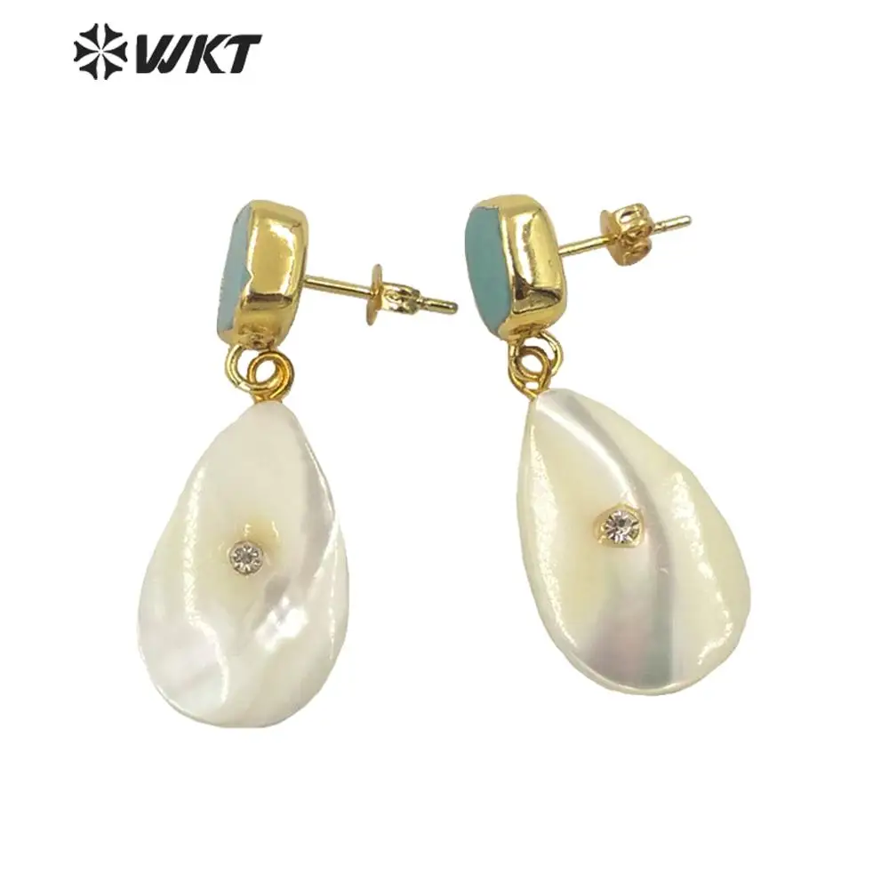 MPE045 Exquisite Natural White Shell Drop Earring With CZ Paved Luxury Waterdop Shape Earrings Wedding Birthday Gift