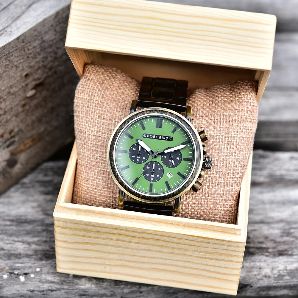 BOBO BIRD orologio da uomo moda orologi al quarzo in metallo verde in legno orologio da polso cronografo Auto data Display orologio grande confezione regalo