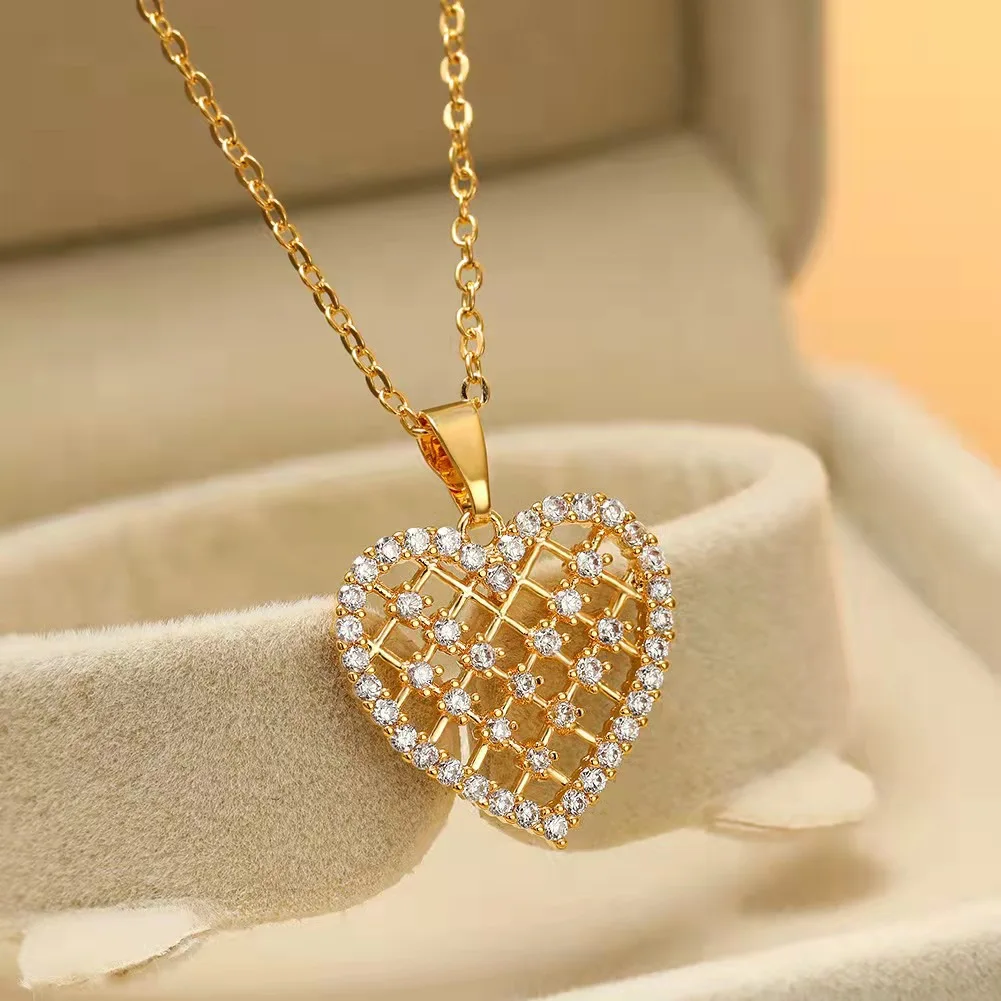 Cute Romantic Zircon Crystal Reticular Heart Pendant Women Necklaces Korean Fashion Female Wedding Jewelry Ladies Clavicle Chain