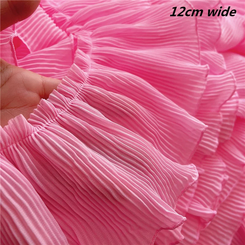 12cm Wide Princess Deep Pink Chiffon Dense Pleated Ruffled Lace Fabric Children\'s Doll Fluffy 3D Skirt Dress Sewing Accessories