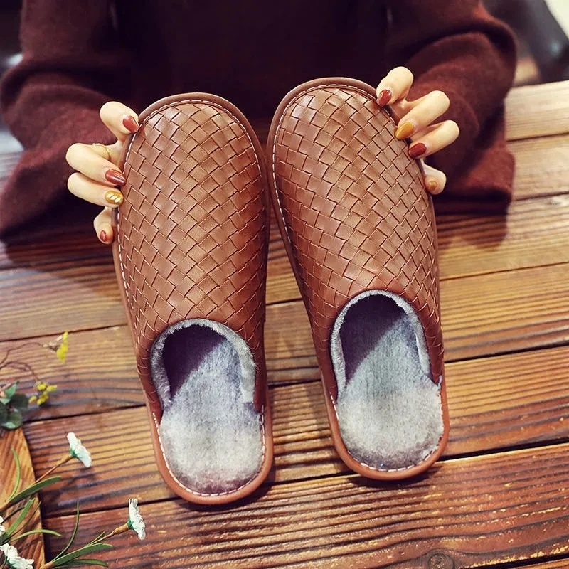 Brand Plaid Leather Handmade Men House Slippers Winter Slip On Soft Comfort Black Brown Bedroom Indoor Flat Men Shoes 2022