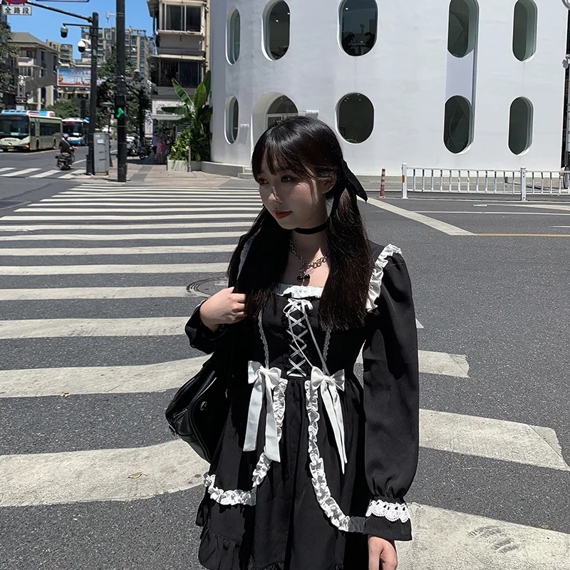 Herbst Japanischen Schwarz Gothic Lolita Kleid Vintage Viktorianischen Weiche Mädchen Nette Bogen Spitze-up Rüschen Prinzessin Kleid Frauen Punk kleider