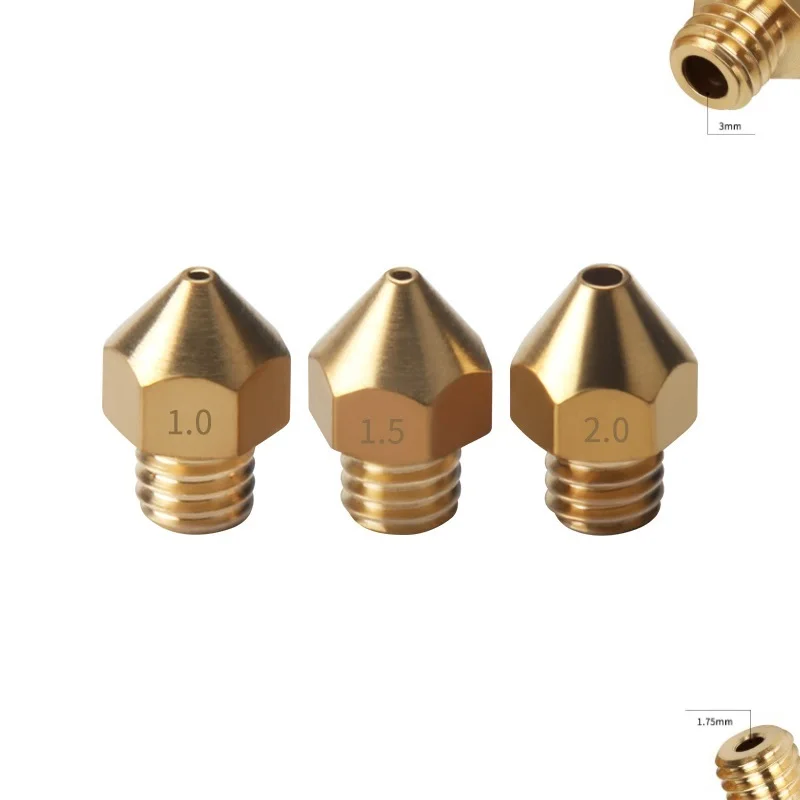 RAMPS 5PCS 3D Printer Large Caliber Copper Nozzle M6 Thread Upgrade Large Diameter Nozzle 1.0/1.5/2.0mm For 1.75mm 3mm Filament