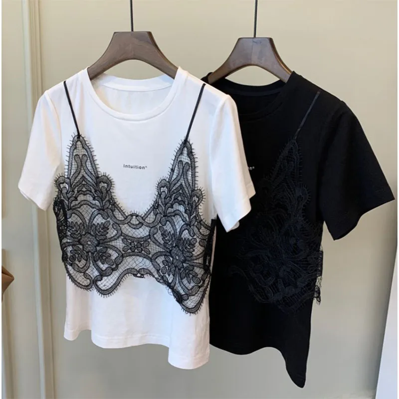 Summer Tshirts Women fake two piece chest Lace stitching T-Shirt Fashion Tops Ladies Chic T-Shirt Female Short Sleeve Casual Tee