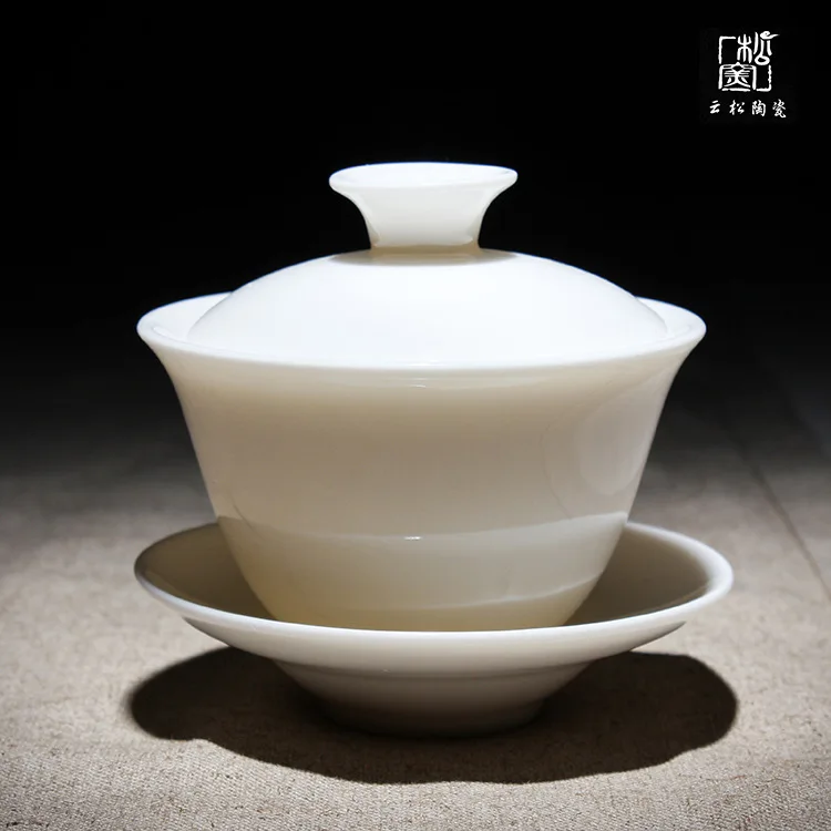 

Jade Porcelain Cover Bowl Dehua Ceramic Whiteware Tea Set High-End Condensed Fat White Three-Force Bowl Cup with Cover Gaiwan