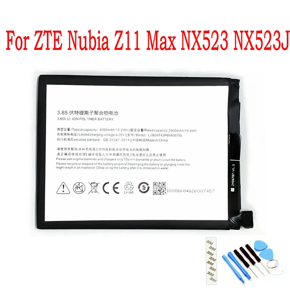 

NEW High Quality 4000mAh Li3839T43P6h406790 Battery For ZTE Nubia Z11 Max NX523 NX523J Mobile phone