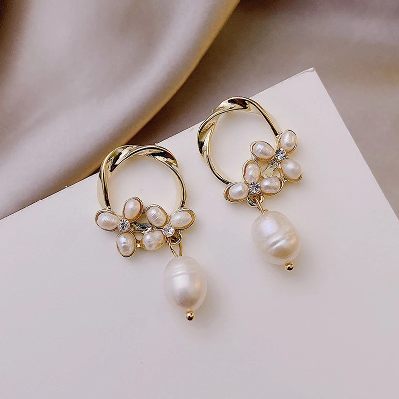Statement Freshwater Pearl Earrings 14k Gold Plated Flower Chic Women Handmade Natural Beads Drop Earring Jewelry