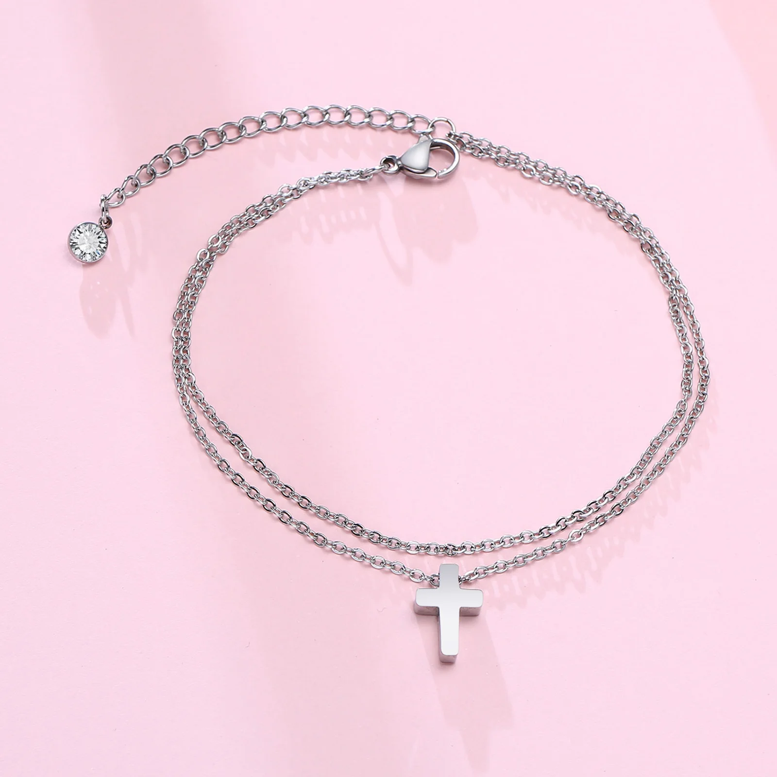 Edelstahl Herren Fußkettchen mit Kreuz Charm, Doppel kette, Geschenk für Freund, Herren Knöchel Armband, christlichen katholischen Schmuck