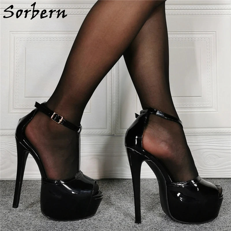 

Sorbern Black Patent Sandals High Heel Ankle Strap Peep Toe Stilettos Summer Shoes For Woman T-Straps Custom Colors