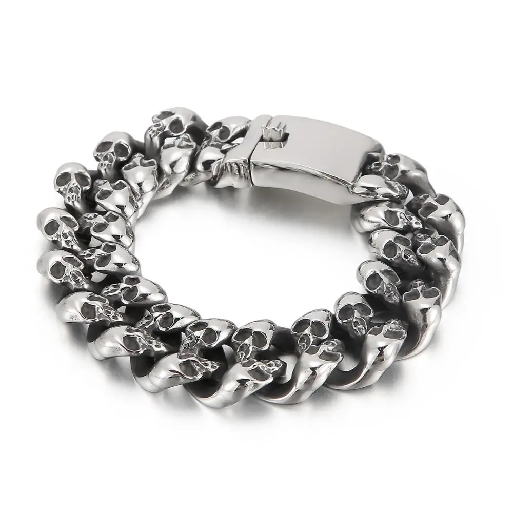 20mm Black/Silver Color Heavy Chunky Punk Skull Bracelet Mens Stainless Steel 316L Ghost Head Curb Cuban Chains Bracelets