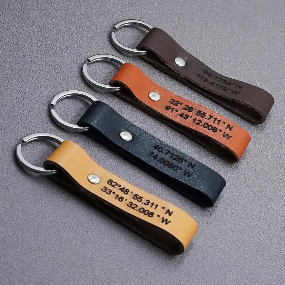 Personalized Leather Keychain, Personalized Coordinates, Messages, Names. Permanent Engraved. Anniversary Gift fo