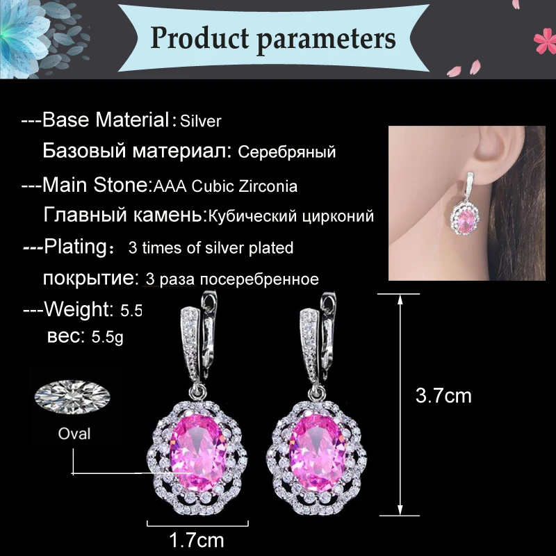 Turkish Red Garnet Big Oval Cubic Zirconia Paved Silver 925 Hanging Earrings Women Wedding Jewelry Dropshipping