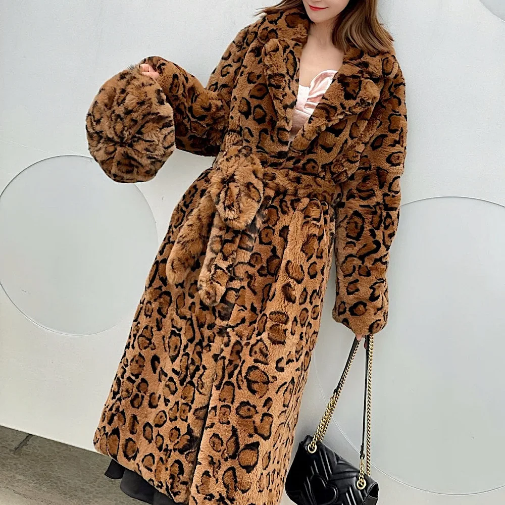 2022 New Winter Women Real Rex Rabbit Fur Coats   Fashion Long Leopard  Overcoat Simple Warm Ladies Outerwear Luxurious Street