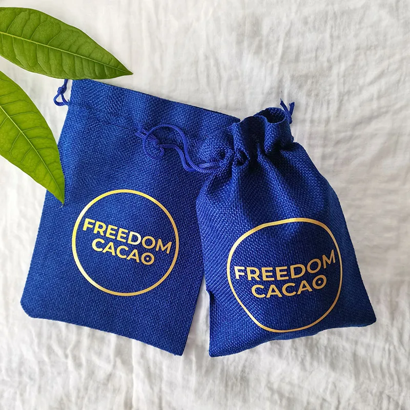 

50 100pcs Jute Linen Jewelry Pouches Custom Personalized Logo Navy Royal Blue flower Packaging Drawstring Gift Bag Wedding Party