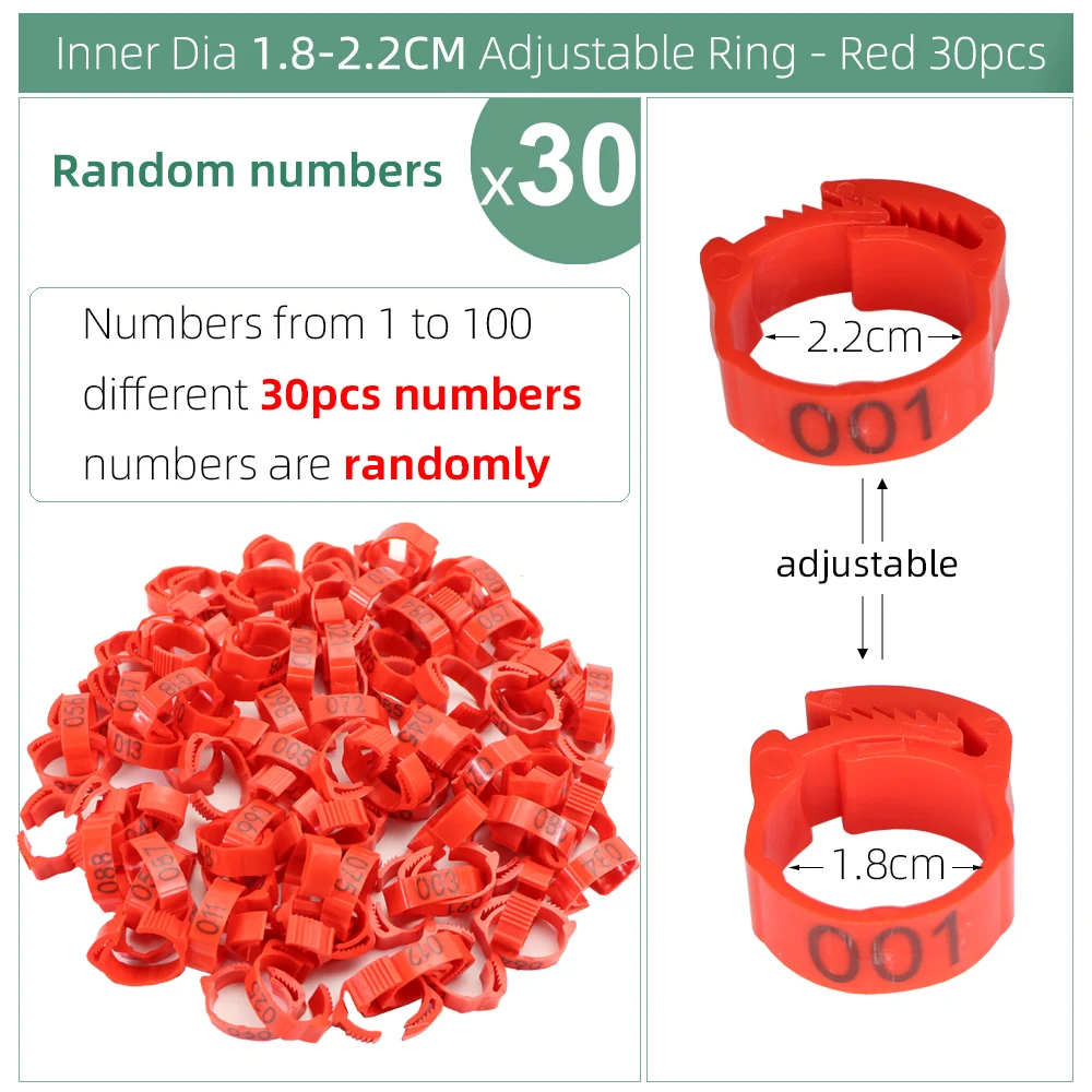 30PCS Numbered Poultry Chicken Leg Bands Adjustable Foot Label Rings for Chicks Pigeon Duck Goose 6-Color Identification Clip-on