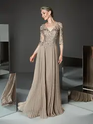 Elegant Champagne Ruched Evening Dresses Half Sleeve V-Neck A-Line Long 2025 Pleated Wedding Party Guests Prom Gowns New