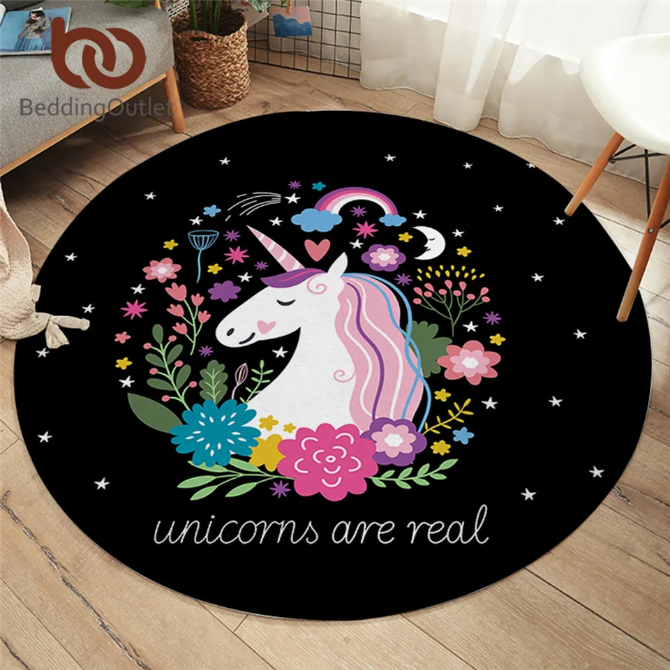 BeddingOutlet Rainbow Unicorn Bedroom Carpets Cartoon Round Area Rug for Living Room Floral Girly Floor Rug Play Mat 150cm