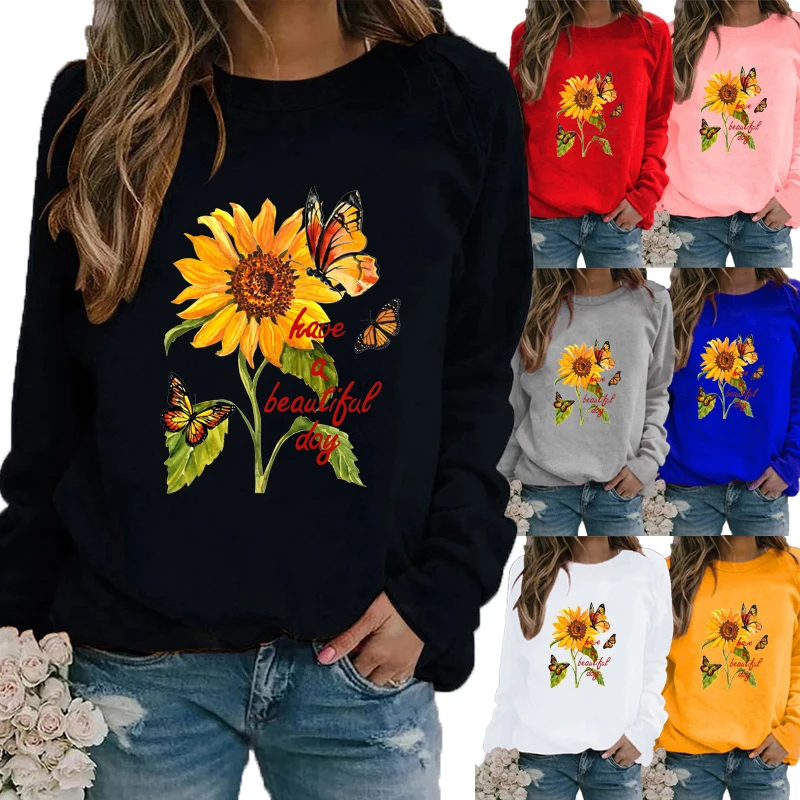 

Winter Casual Women Sunflower Printed Round Neck Long Sleeved Sweatshirt Loose Ladies Graphic T-shirt Blouse Plus Size