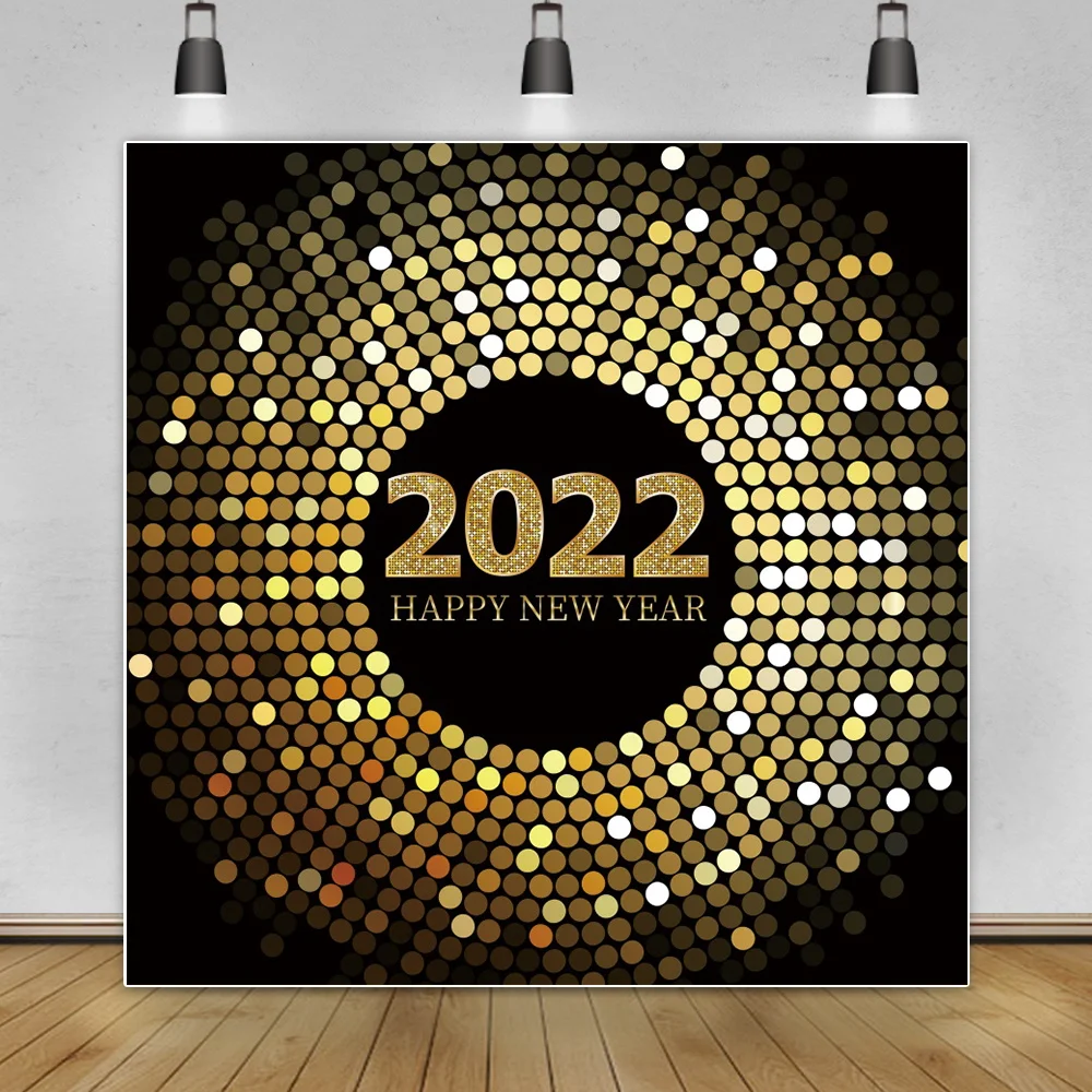 2022 Happy New Year Disco Polka Dots Golden Light Bokeh Photography Background Family Party Portrait Photocall Backdrop Poster