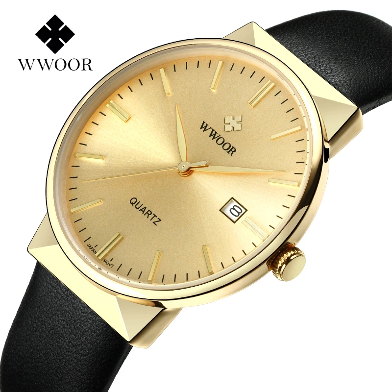 

WWOOR Men's Watches Top Brand Luxury Waterproof Genuine Leather Wrist Watch Men Classic Gold Black Date Quartz Watch saat erkek