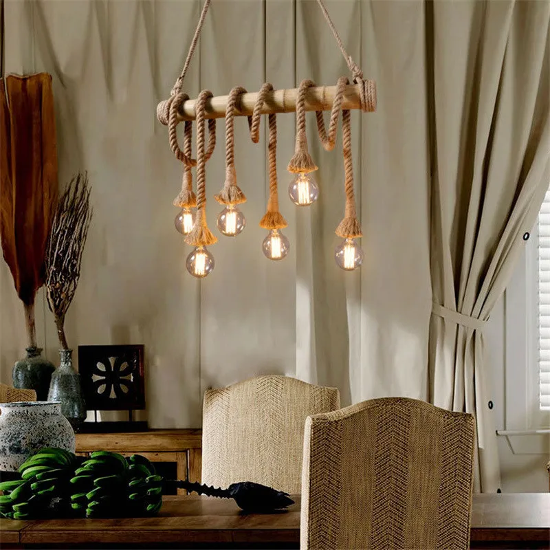 Vintage Rope bamboo Pendant Lights Personality Loft Lights Hemp Rope wood  lamp for Kitchen Cafe Bar Decor