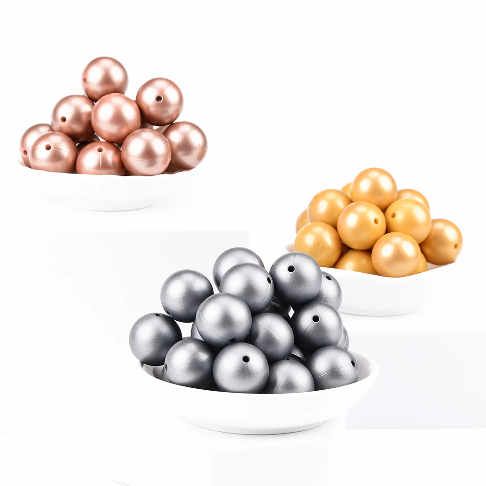 LOFCA 50Pcs Metallic Silver Color Print 12/15/19mm Silicone Loose Beads DIY Chewable Teething Beads BPA Free Baby Teether