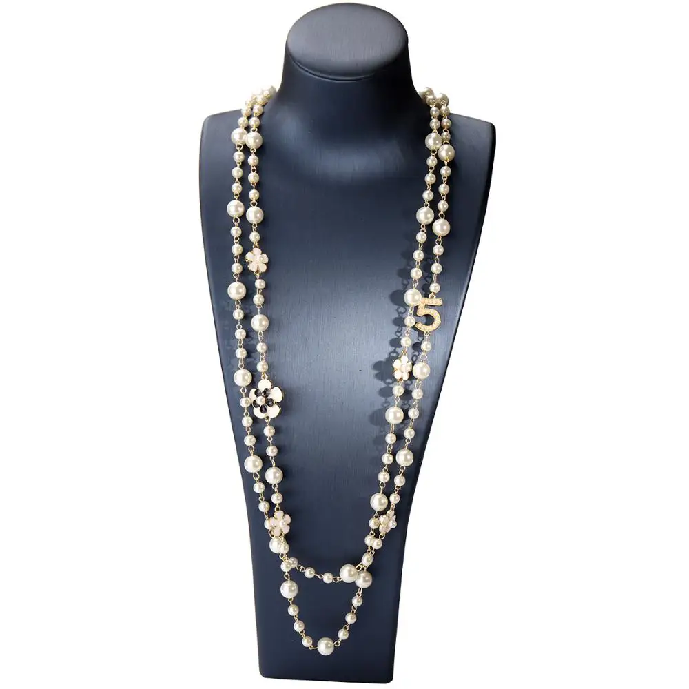 Long Simulated Pearl Necklace For Women No.5 Double Layer Pendant Long CC Necklace Sweater Chain Party Camellia Nacklace
