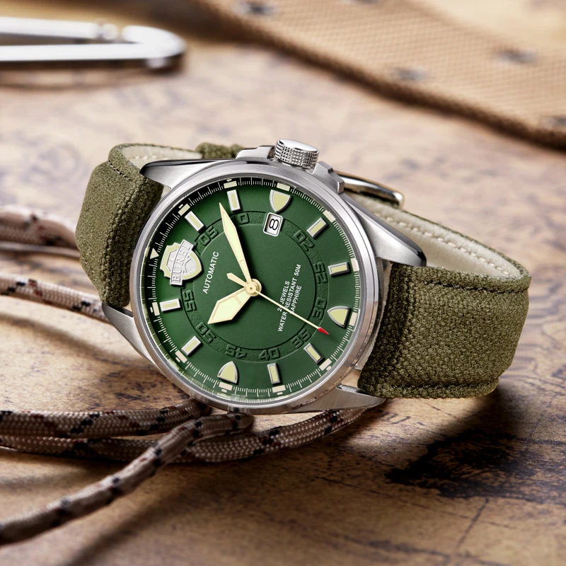 NH35 BUREI-Reloj Automático para hombre, accesorio Masculino de marca de lujo, de zafiro, verde militar, mecánico, de lona, 2021