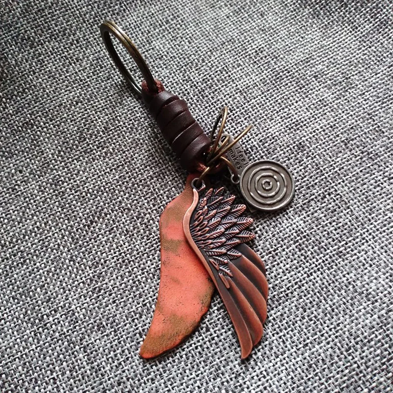 Good Omens Angel Wings Leather metal Teddy Bear doll key chain Key Ring Pendant I feel about you make my heart lone to be free