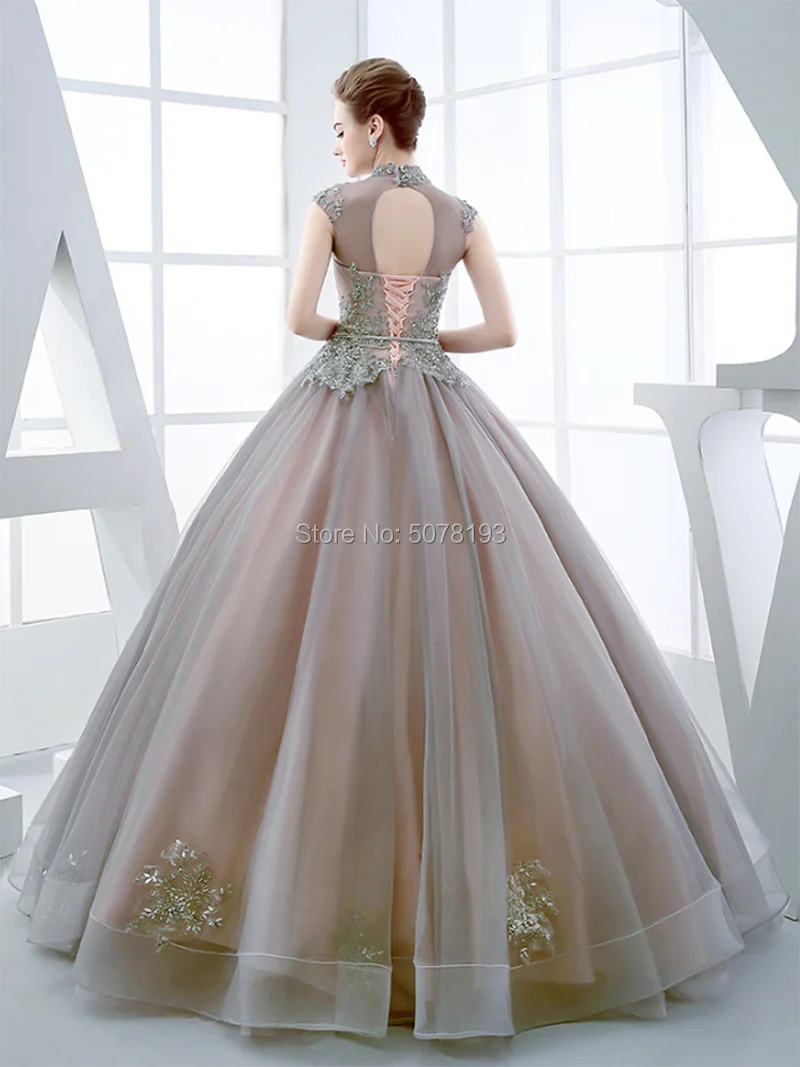 7201high-neck cap-sleeves natural ball-gown floor-length tulle Adult Ceremony Dresses/Formal Gowns applique&beaded&belt hot sale