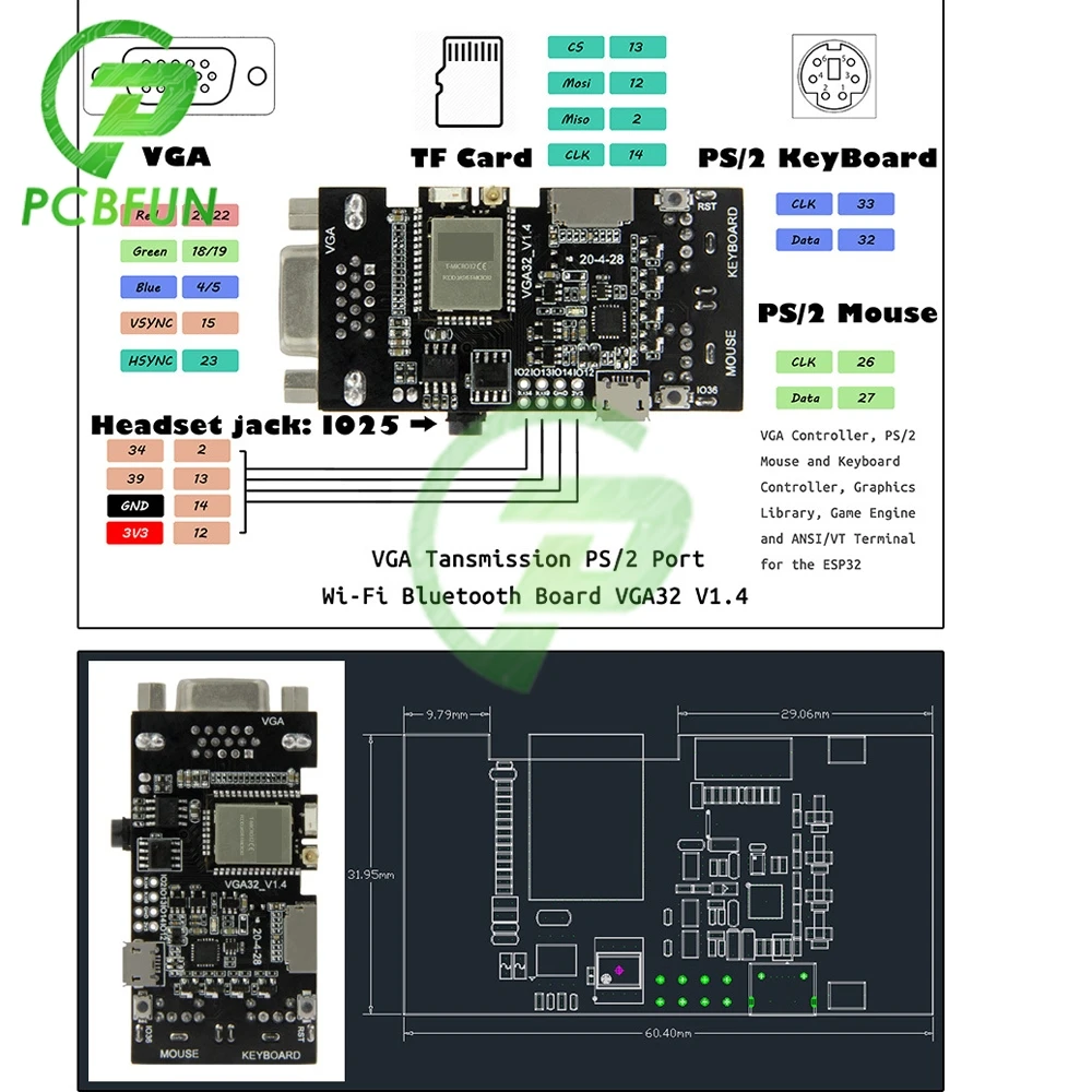 VGA32 V1.4 Controller PS/2 Mouse And Keyboard Graphics Library Game Engine And ANSI/VT Terminal USB to TTL CP2104 For The ESP32