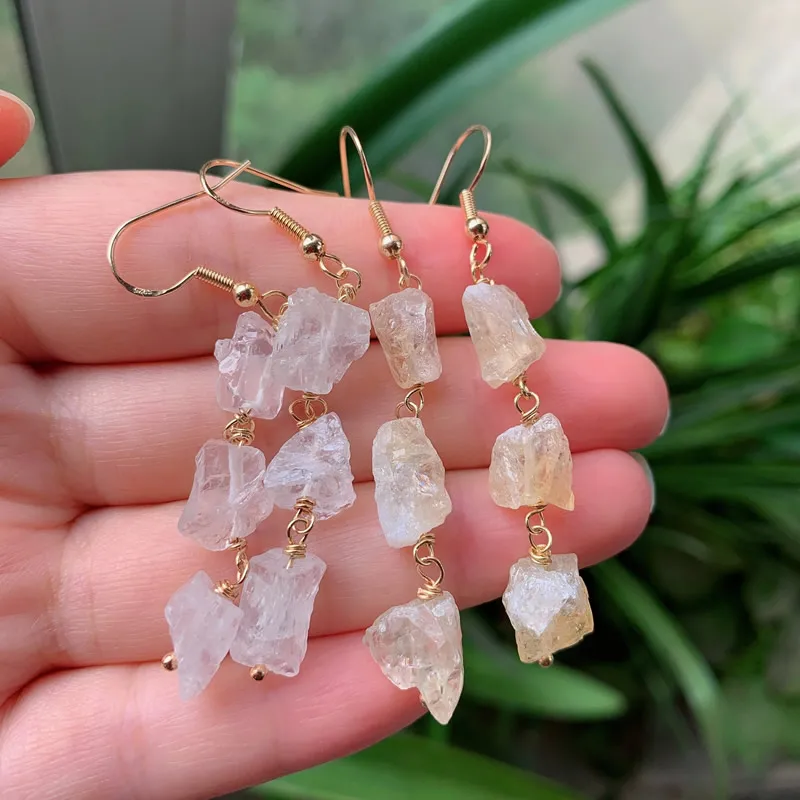 Natural Crystal Drop Earrings Small Irregular Stone Raw Mineral Tassel Amethysts Citrines Clear Quartz Dangle Earrings Female