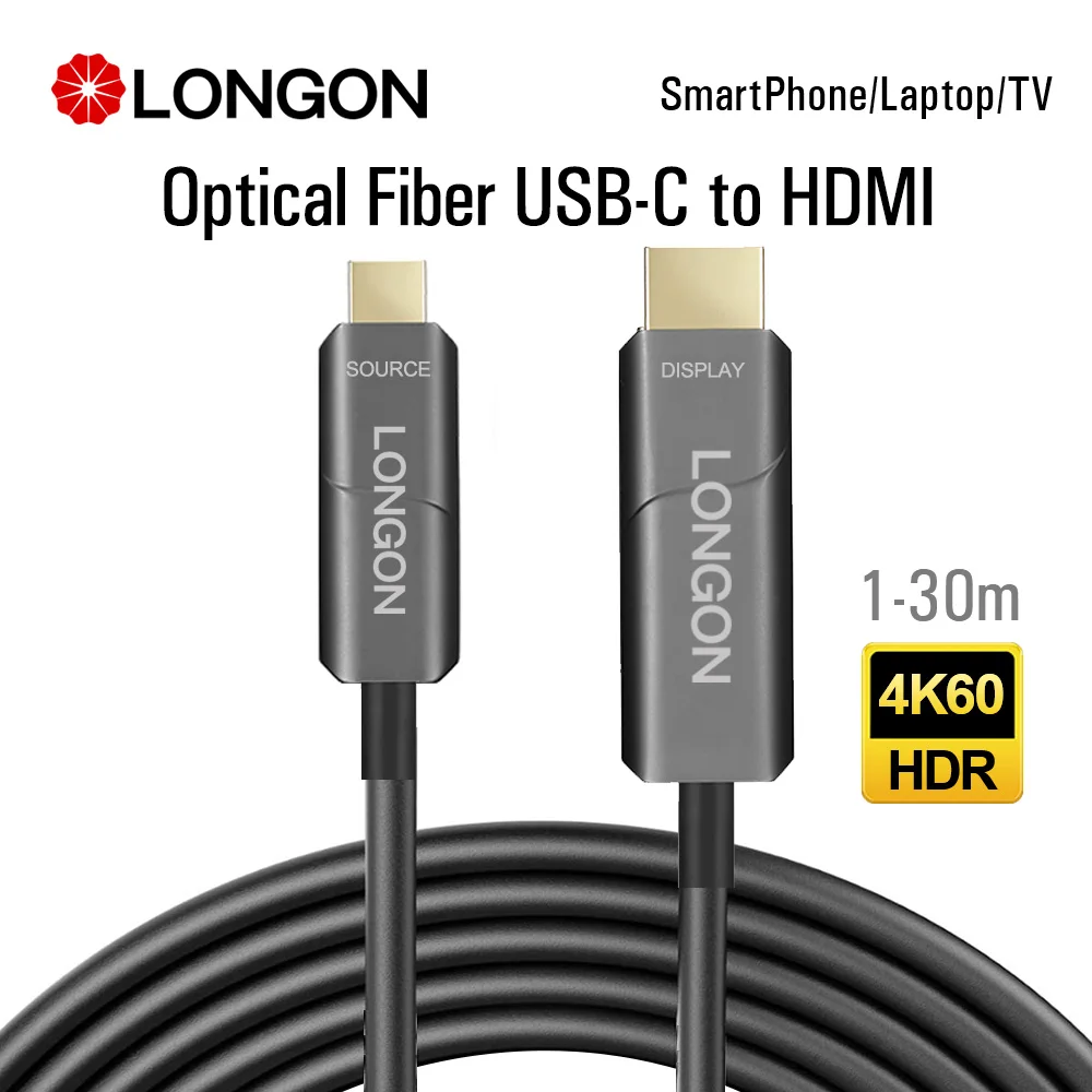 LONGON USB Type C to HDMI Active Optical Fiber Adapter Cable 5m 10m 15m Support 4K 60hz HDR For Macbook Pro 2019 XPS13 Huawei TV