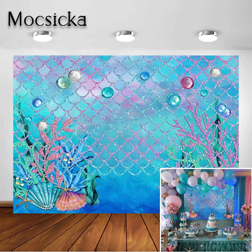 Mocsicka Little Mermaid Scales Backdrop Under The Sea Birthday Party Ocean Baby Shower Decorations Background Photobooth Studio