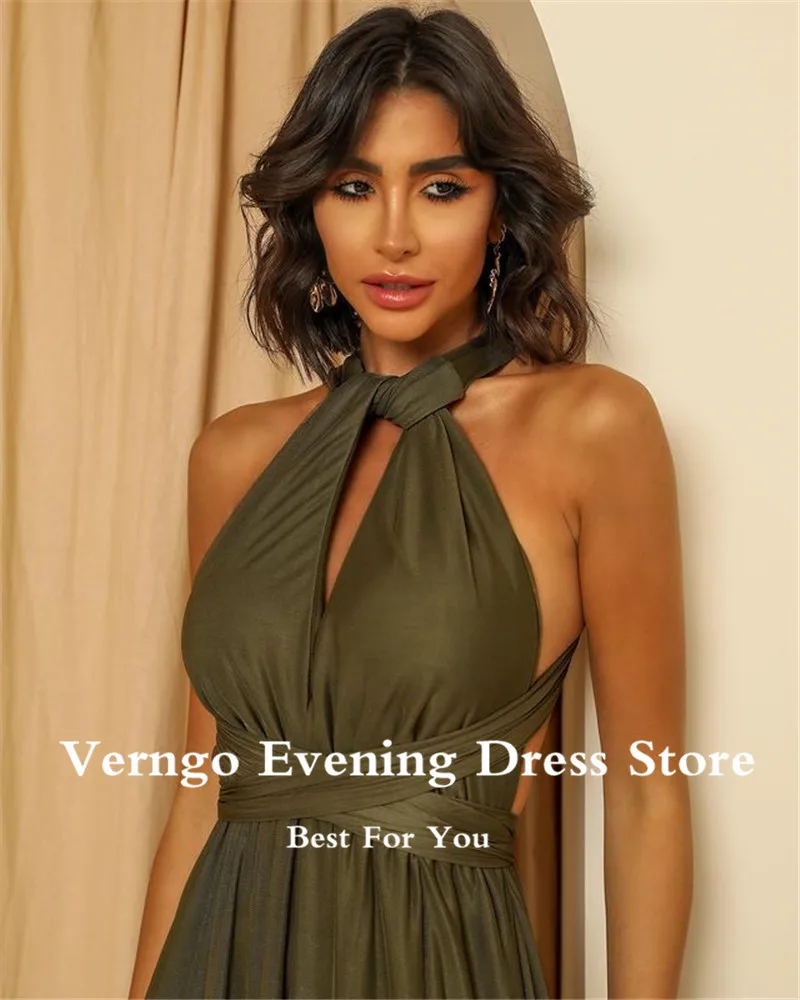 Verngo 2021 Olive Green Chiffon Long Prom Dresses Jewel Neck Side Slit Criss Cross Simple Evening Gowns Women Formal Party Dress