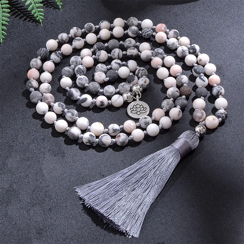 8mm Frosted Pink Zebra Jasper Beaded Knotted Necklace Meditation Yoga Blessing Women Jewelry Set 108 Japamala Rosary Lotus Charm