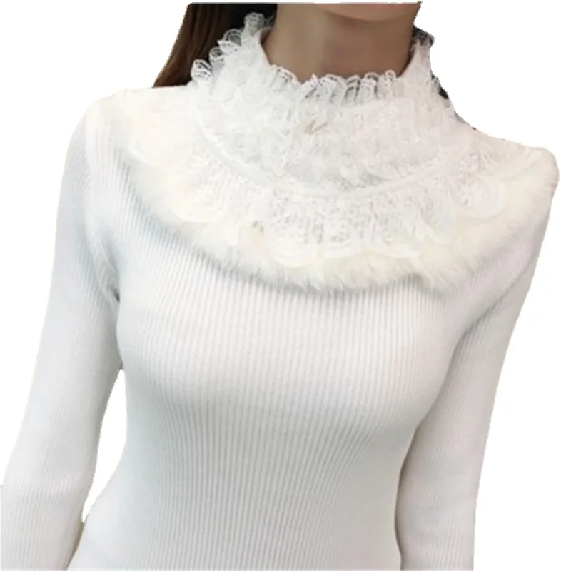 

2021Autumn Winter New Lace Long Sleeve Slim Pull Knit Turtleneck Sweater Women Pullover Sweater