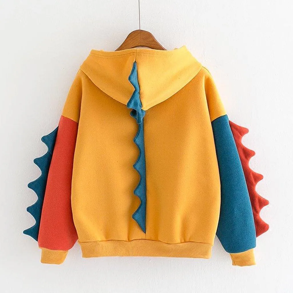 Sudadera con capucha de gran tamaño para mujer, suéter Kawaii de retales, Tops de dinosaurio, chándal, Harajuku, invierno, nuevo
