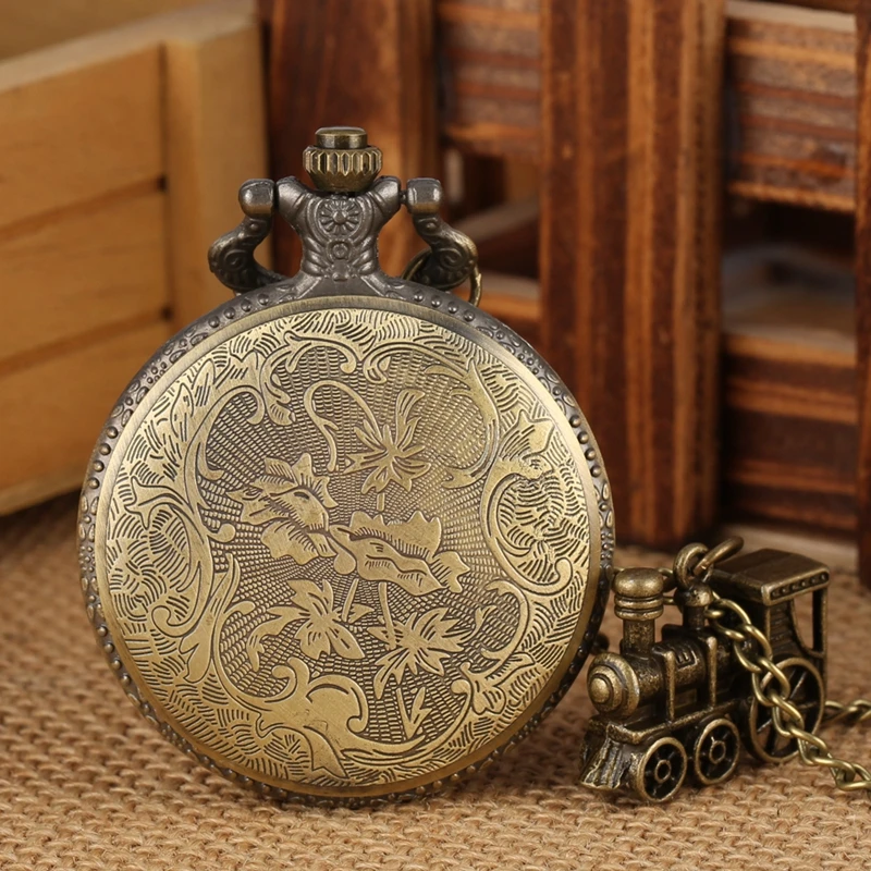 Bronze Train Locomotive Engine Quartz Pocket Watch Retro Necklace Pendant Chain Best Gifts for Men Women with Train Accessory