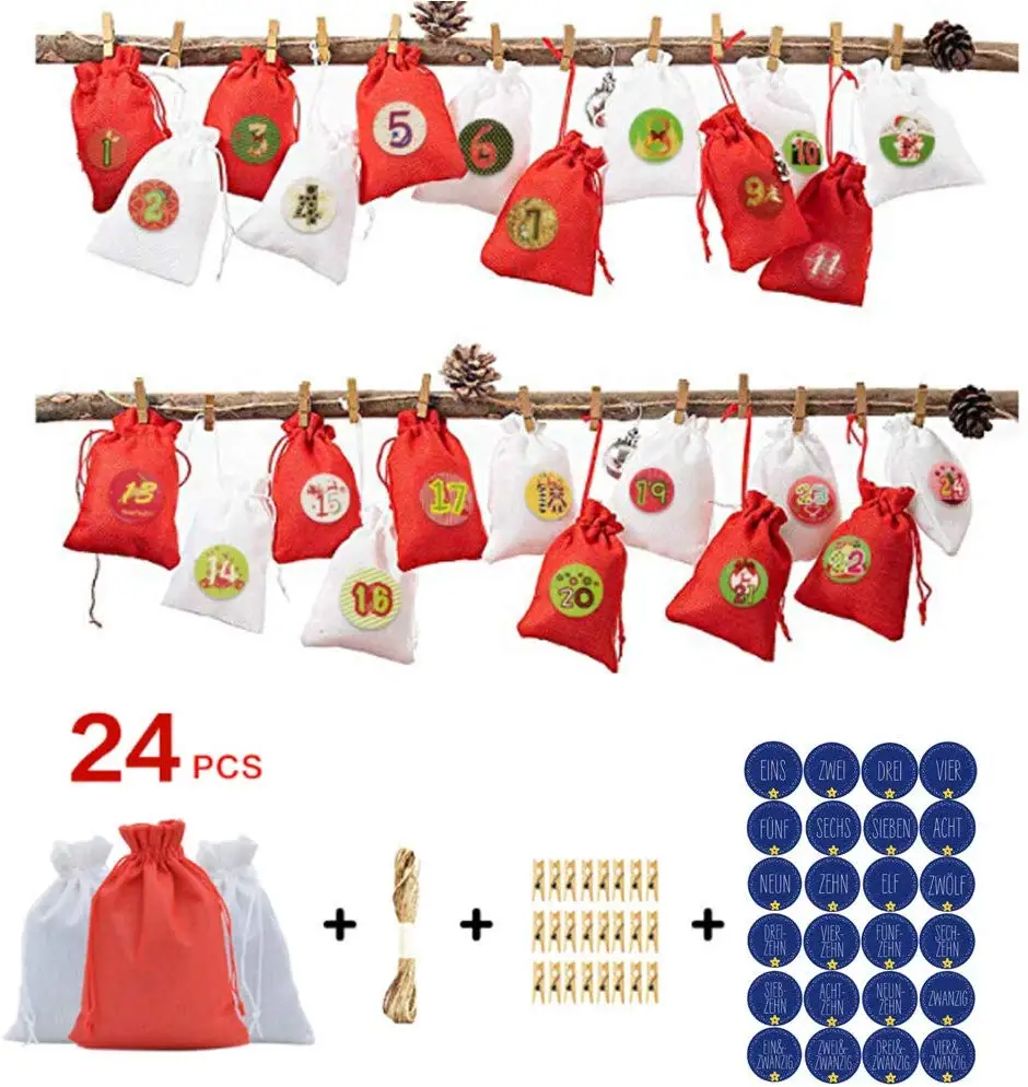 24pcs/set christmas calendar advent Filling Candy Bag Stickers Clips Drawstring pouch