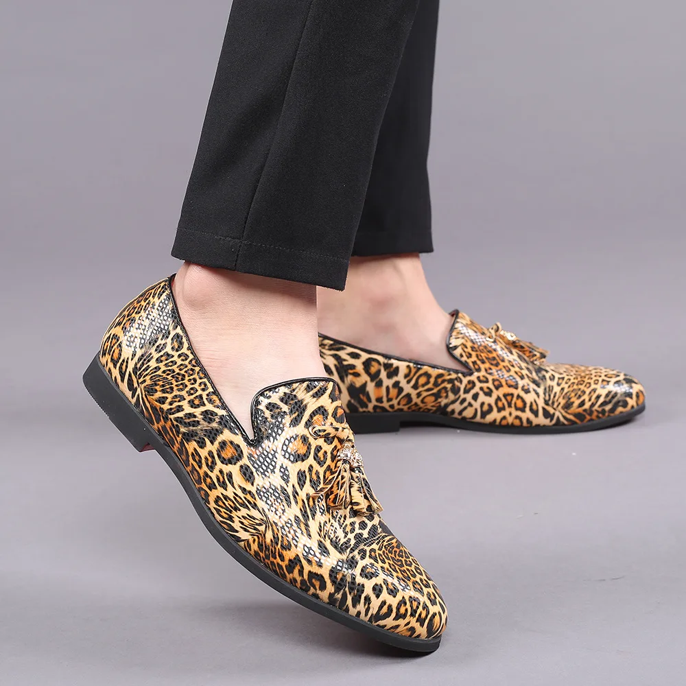 2024 Luxury Men Leather Shoes Fashion Fringed Leopard Loafers Men Slip-on Party Casual Shoes Large Size 38-48 Dropshipping