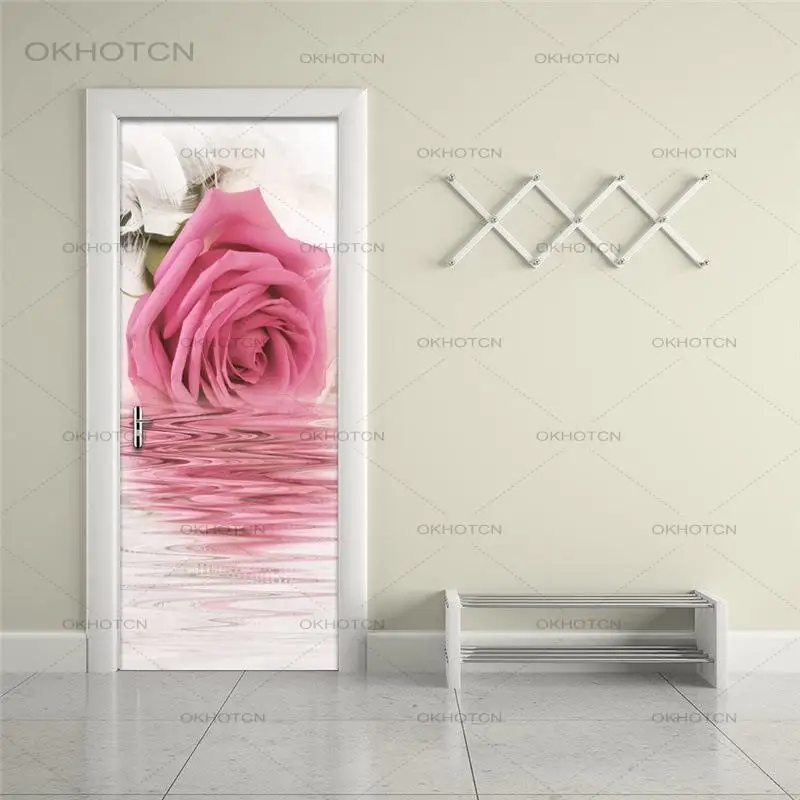 

Home Decor 3D Door Sticker Rose Flower Self Adhesive Print Sticker Wall Art Waterproof Wallpaper Romantic Modern Decal Picture