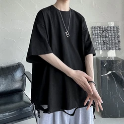 Summer Loose All-match Harajuku Women Short Sleeve T Shirts Black White Fashion 2xl Oversized Punk Hip Hop Ripped Hole Clothing