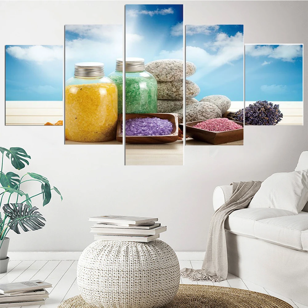 

5 Pieces Wall Art Canvas Painting Sea Salt Spa Massage Treatment Poster Modern Living Room Home Modular Framework Decoration