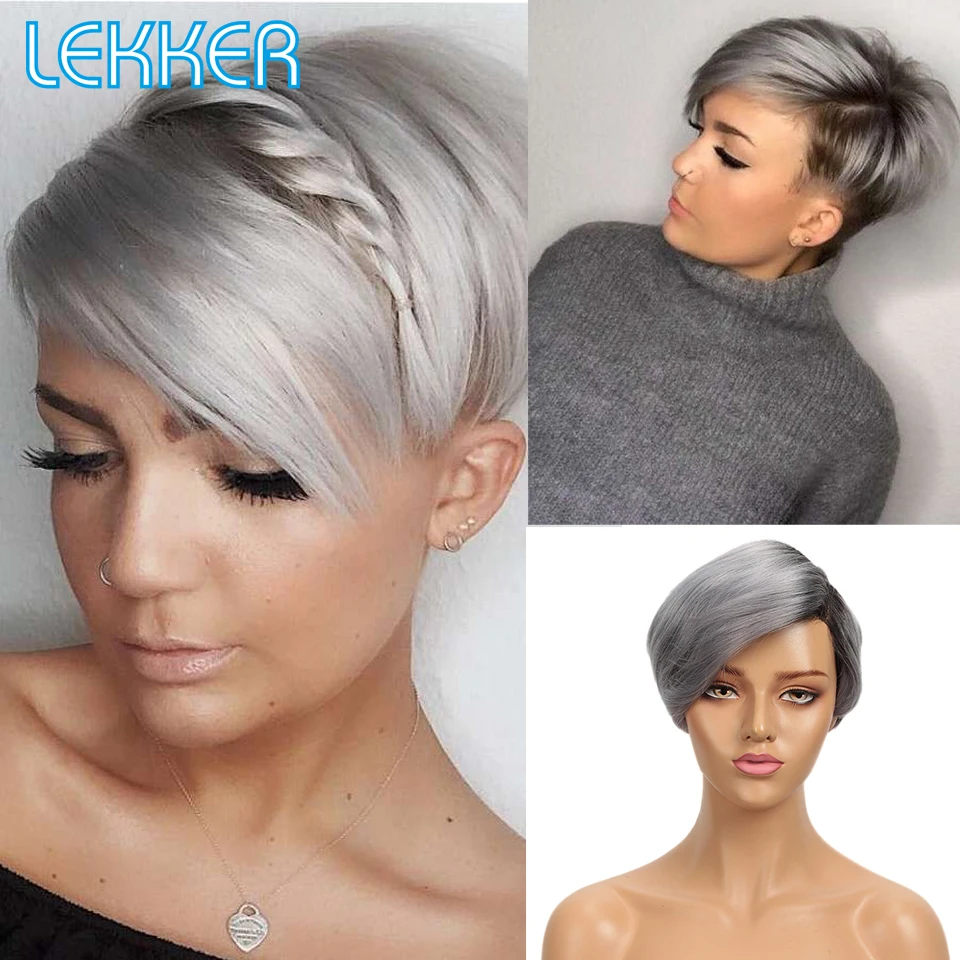 Lekker Silver Grey Short Pixie Cut Straight Bob 100% Human Hair Lace Wigs For Women Brazilian Remy Hair Glueless Colored Wigs