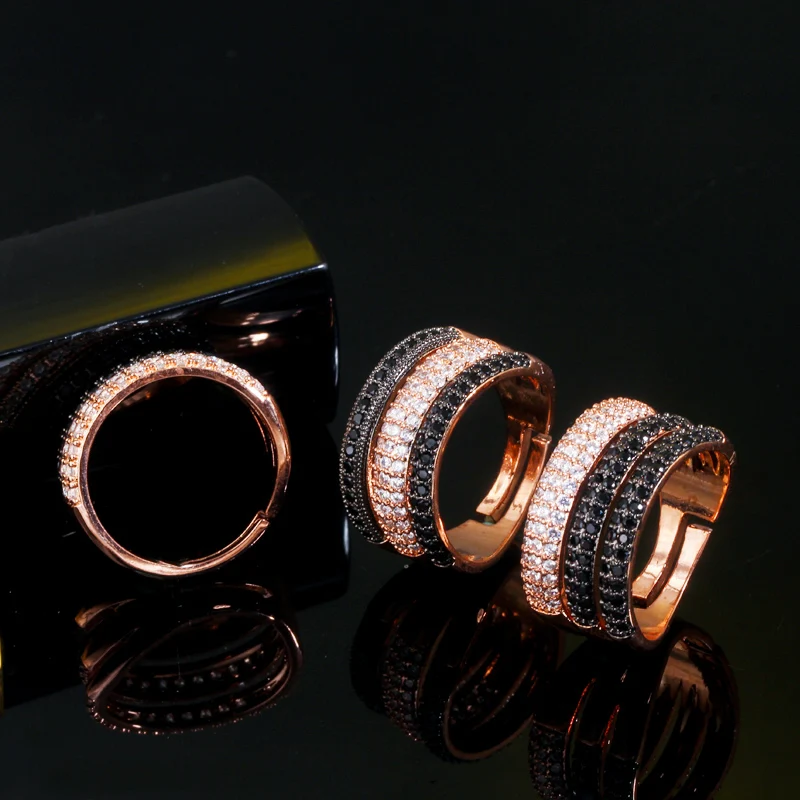 CWWZircons Adjustable Size 3 Layers Black White CZ Stone 585 Rose Gold Color Open Rings Female Wedding Engagement Jewelry R165 - Image 4